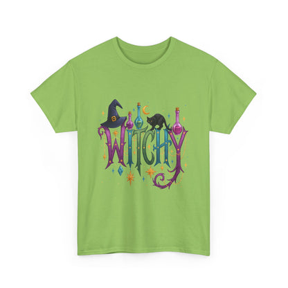 Witchy Graphic Tee — Colorful Witch Hat, Black Cat & Potion Bottles Halloween T-Shirt