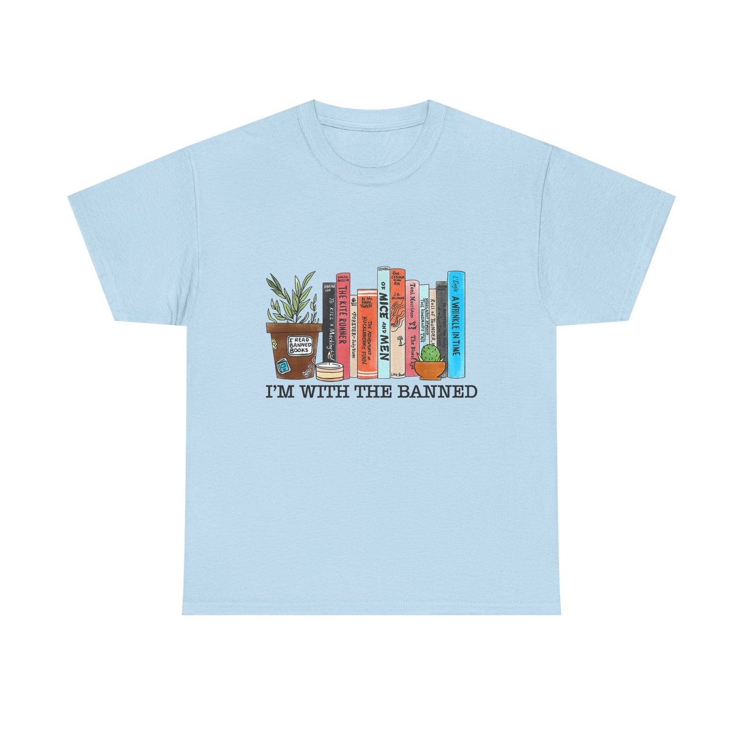 Book Lover T-Shirt — “I’m With the Banned” Illustrated Bookshelf Tee
