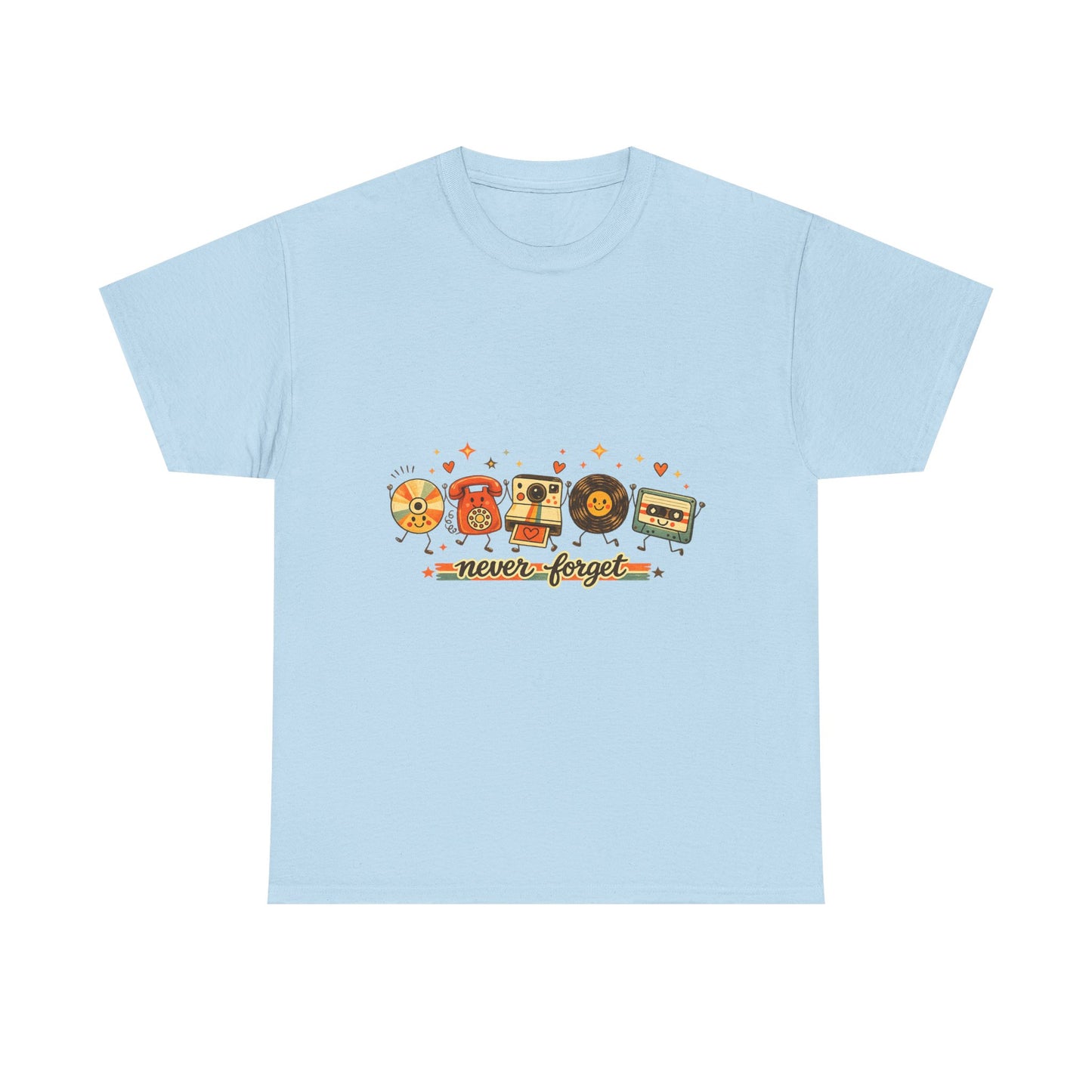 Retro Music Tee — "Never Forget" Vinyl, Cassette & CD Throwback Shirt