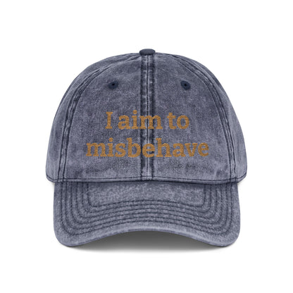 Embroidered Vintage Cap — "I aim to misbehave" Distressed Hat