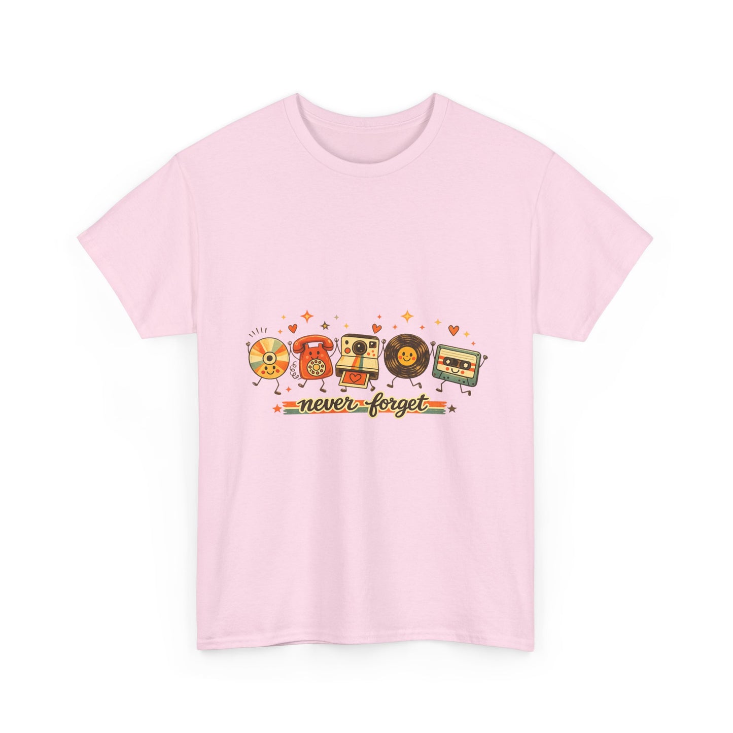 Retro Music Tee — "Never Forget" Vinyl, Cassette & CD Throwback Shirt