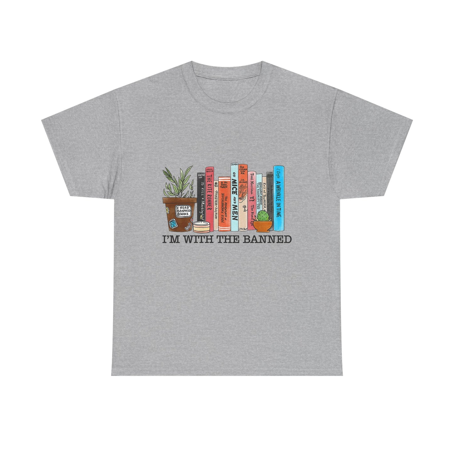 Book Lover T-Shirt — “I’m With the Banned” Illustrated Bookshelf Tee