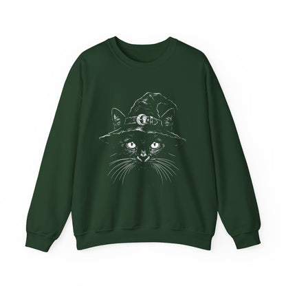 Witch Cat Crewneck Sweatshirt – Black Cat in Witch Hat Graphic