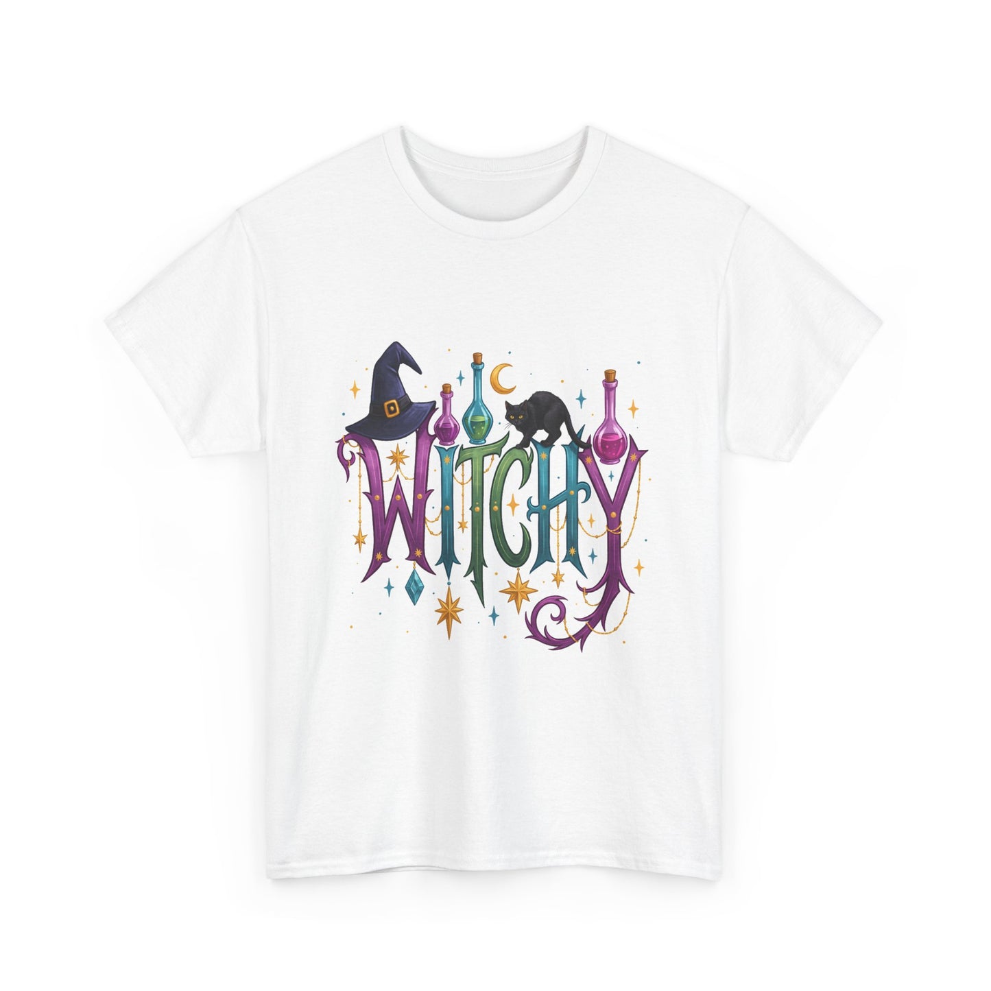 Witchy Graphic Tee — Colorful Witch Hat, Black Cat & Potion Bottles Halloween T-Shirt