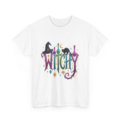 Witchy Graphic Tee — Colorful Witch Hat, Black Cat & Potion Bottles Halloween T-Shirt