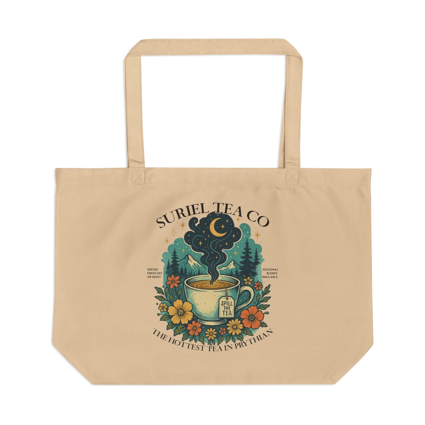 Suriel Tea Co. Eco Tote Bag — Floral Tea Cup Illustration, Reusable Large Grocery & Beach Tote
