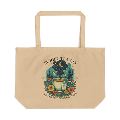 Suriel Tea Co. Eco Tote Bag — Floral Tea Cup Illustration, Reusable Large Grocery & Beach Tote