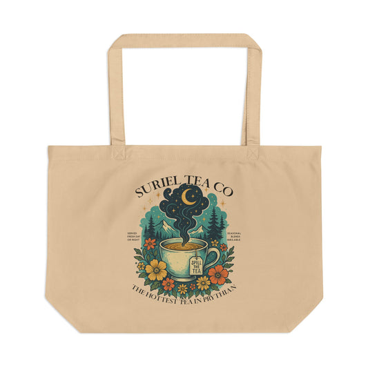Suriel Tea Co. Eco Tote Bag — Floral Tea Cup Illustration, Reusable Large Grocery & Beach Tote