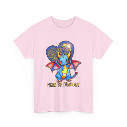 Dragon Heart T‑Shirt — Cute Blue Dragon 'Here Be Dragons' Tee