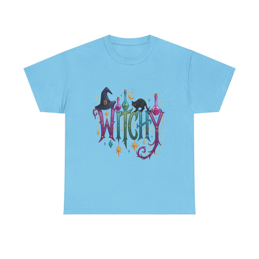 Witchy Graphic Tee — Colorful Witch Hat, Black Cat & Potion Bottles Halloween T-Shirt