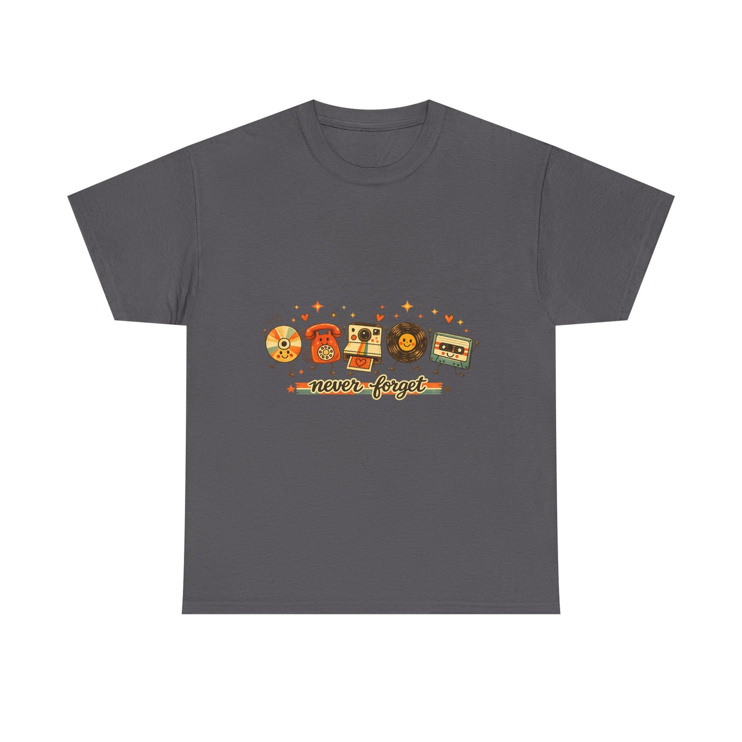 Retro Music Tee — "Never Forget" Vinyl, Cassette & CD Throwback Shirt