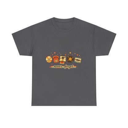 Retro Music Tee — "Never Forget" Vinyl, Cassette & CD Throwback Shirt