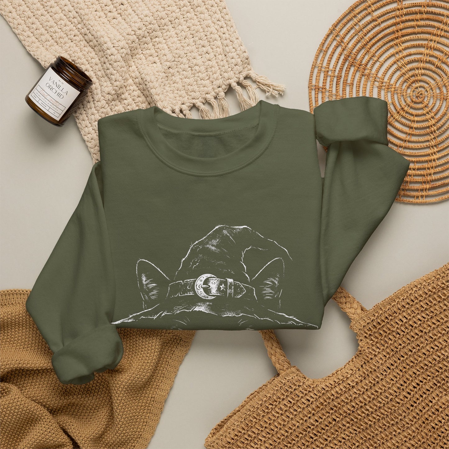 Witch Cat Crewneck Sweatshirt – Black Cat in Witch Hat Graphic