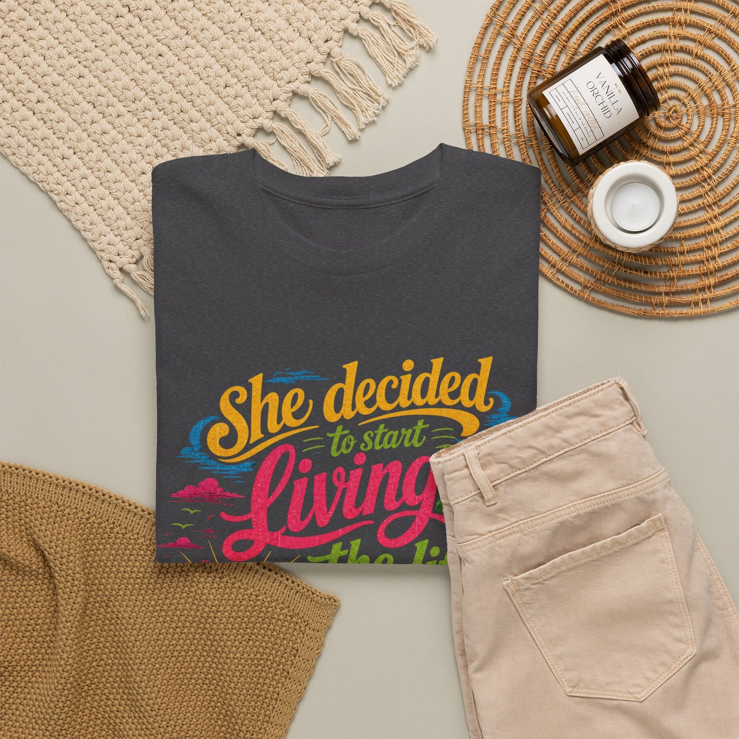 Inspirational Beach T-Shirt : "She Decided to Start Living the Life She Had Imagined"  -  darker colors