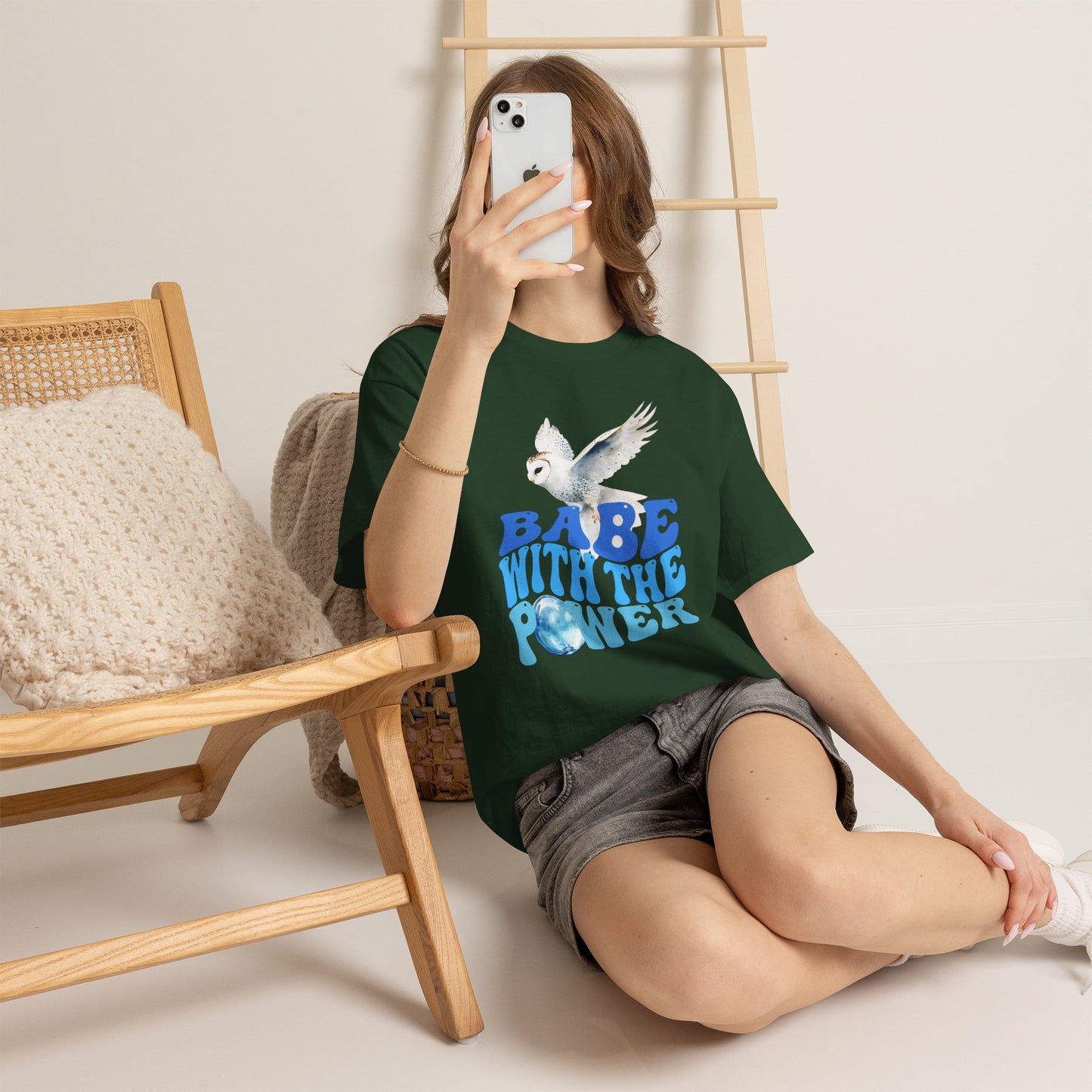 Babe With the Power Graphic Tee — Retro Blue Psychedelic Owl Design