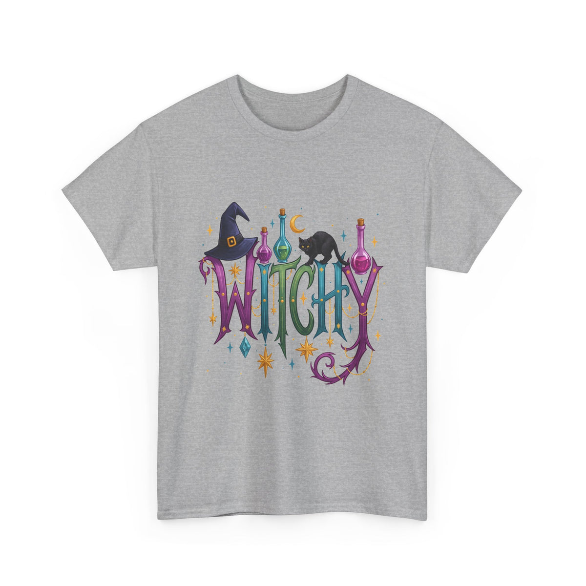 Witchy Graphic Tee — Colorful Witch Hat, Black Cat & Potion Bottles Halloween T-Shirt