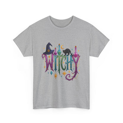 Witchy Graphic Tee — Colorful Witch Hat, Black Cat & Potion Bottles Halloween T-Shirt