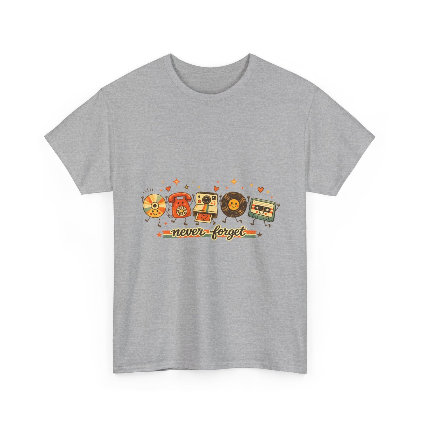 Retro Music Tee — "Never Forget" Vinyl, Cassette & CD Throwback Shirt