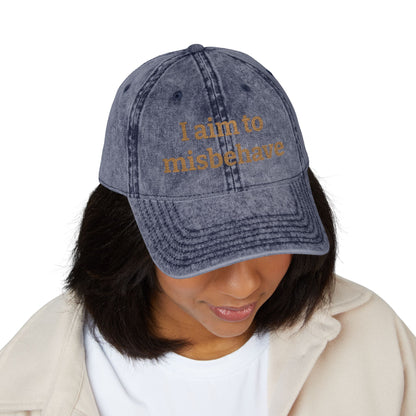 Embroidered Vintage Cap — "I aim to misbehave" Distressed Hat