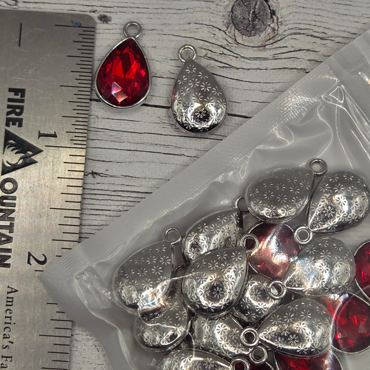 Large Crystal silver back teardrop Charm - Red - pack of 10
