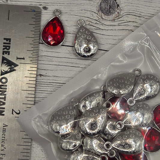 Large Crystal silver back teardrop Charm - Red - pack of 10