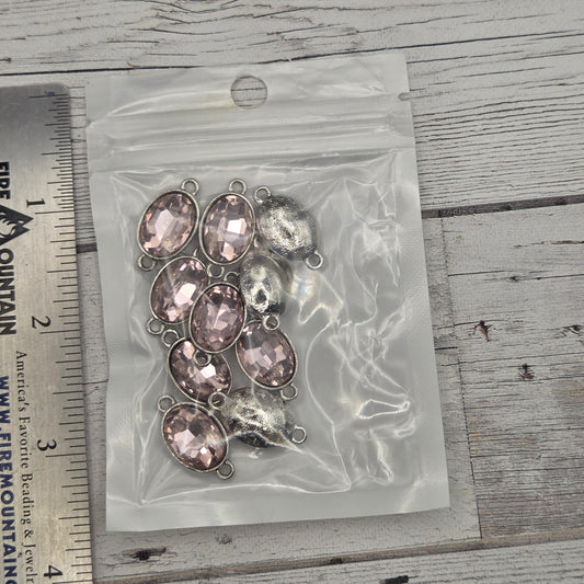 Crystal and silver connectors - oval - pink - quantity of 10