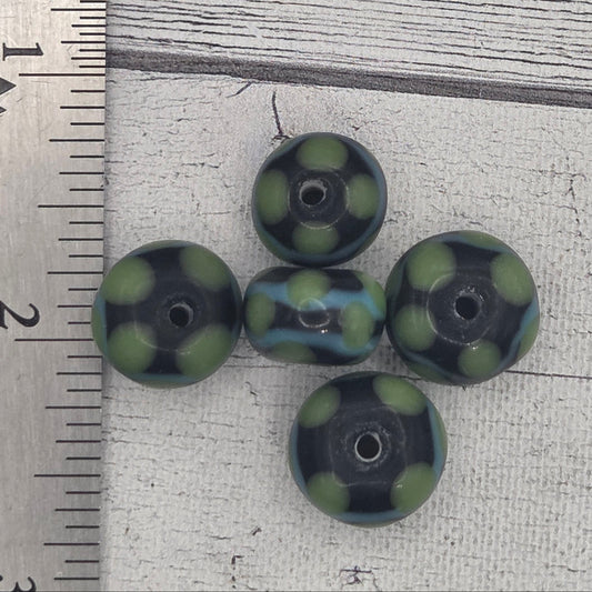 Lampwork glass beads - black with green dots and aqua