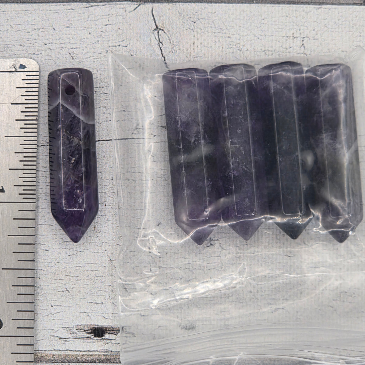 8x30mm crystal drilled point hexagonal column  -  natural stone Amethyst - lot of 5