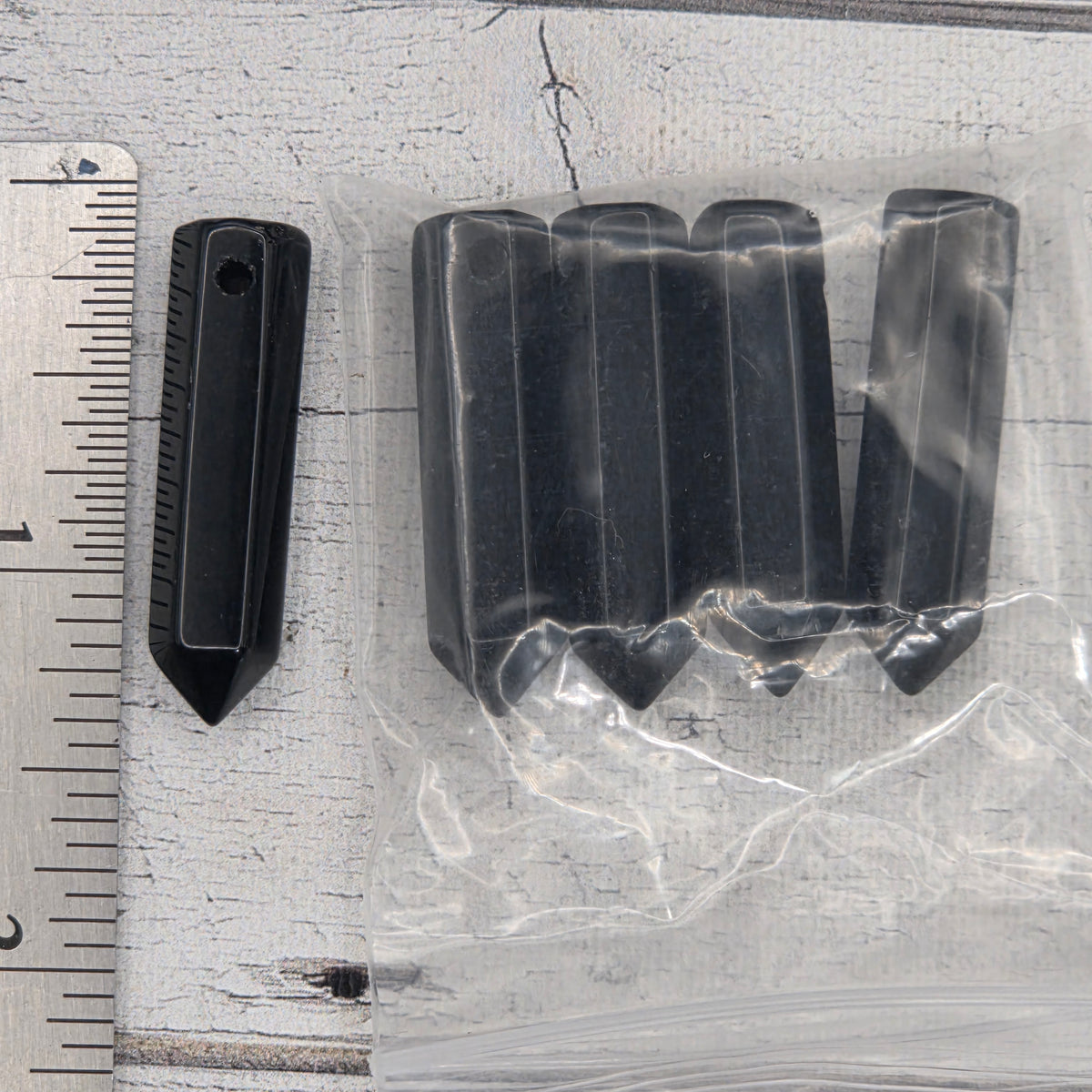 8x30mm crystal drilled point hexagonal column  -  Black Obsidian - lot of 5