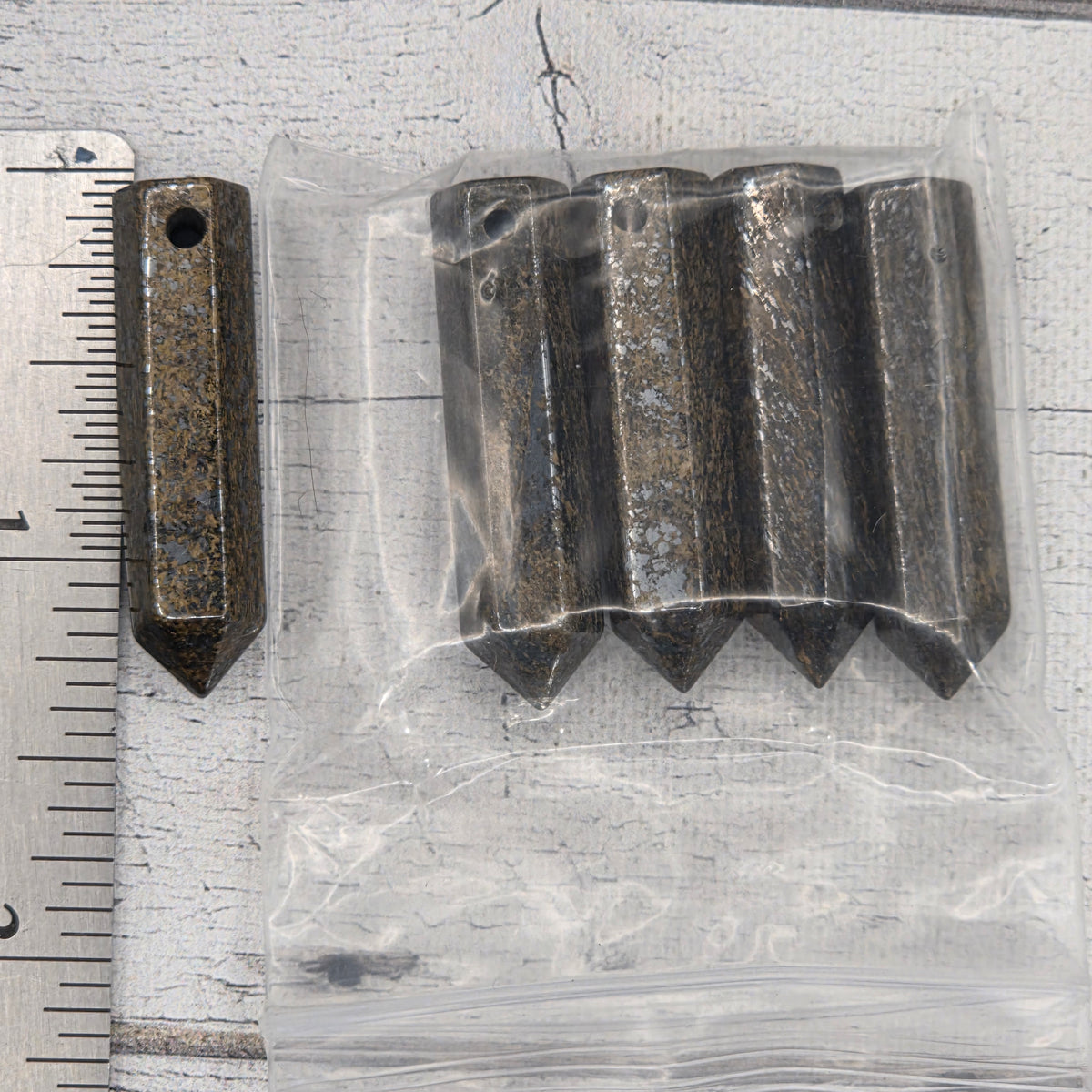 8x30mm crystal drilled point hexagonal column  -  Bronzite - lot of 5