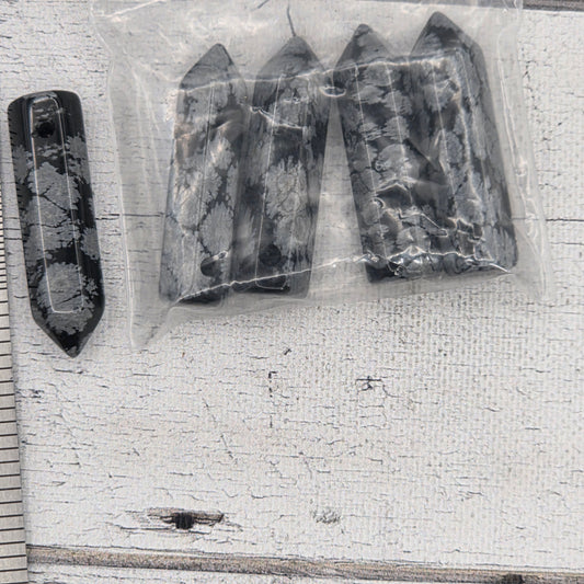 8x30mm crystal drilled point hexagonal column  -  Snowflake Obsidian - lot of 5