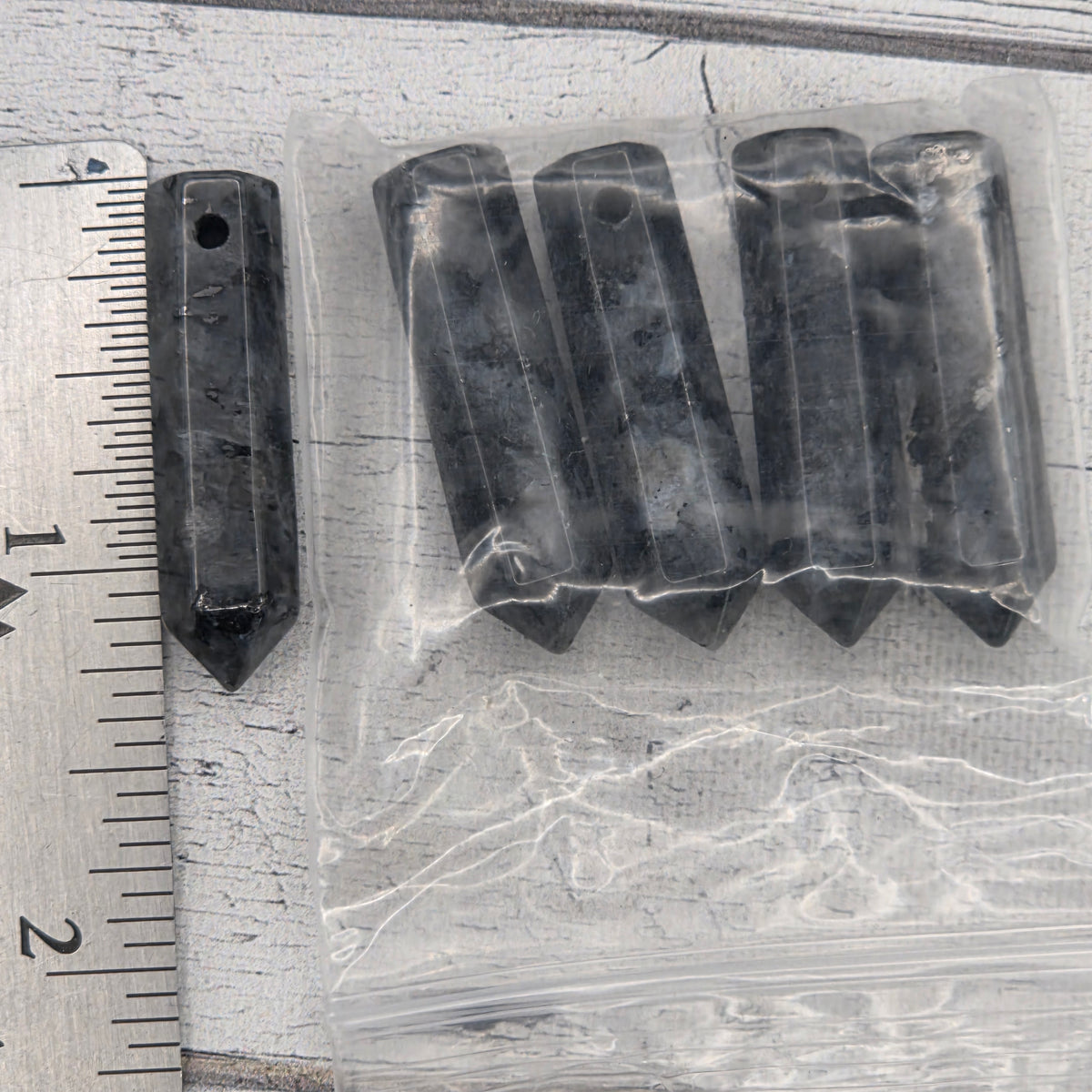 8x30mm crystal drilled point hexagonal column  -  Black Labradorite - lot of 5