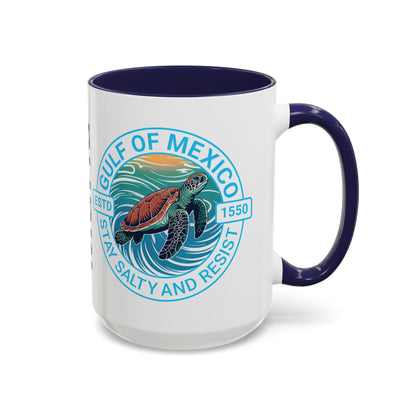 Customizable Gulf of Mexico Turtle Coffee Mug — "Stay Salty and Resist" Accent Ceramic Mug