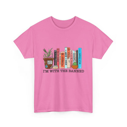 Book Lover T-Shirt — “I’m With the Banned” Illustrated Bookshelf Tee