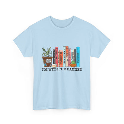 Book Lover T-Shirt — “I’m With the Banned” Illustrated Bookshelf Tee