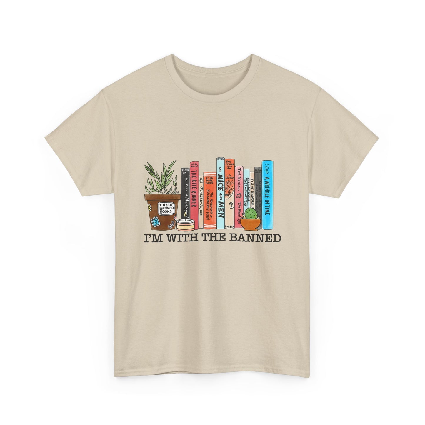 Book Lover T-Shirt — “I’m With the Banned” Illustrated Bookshelf Tee