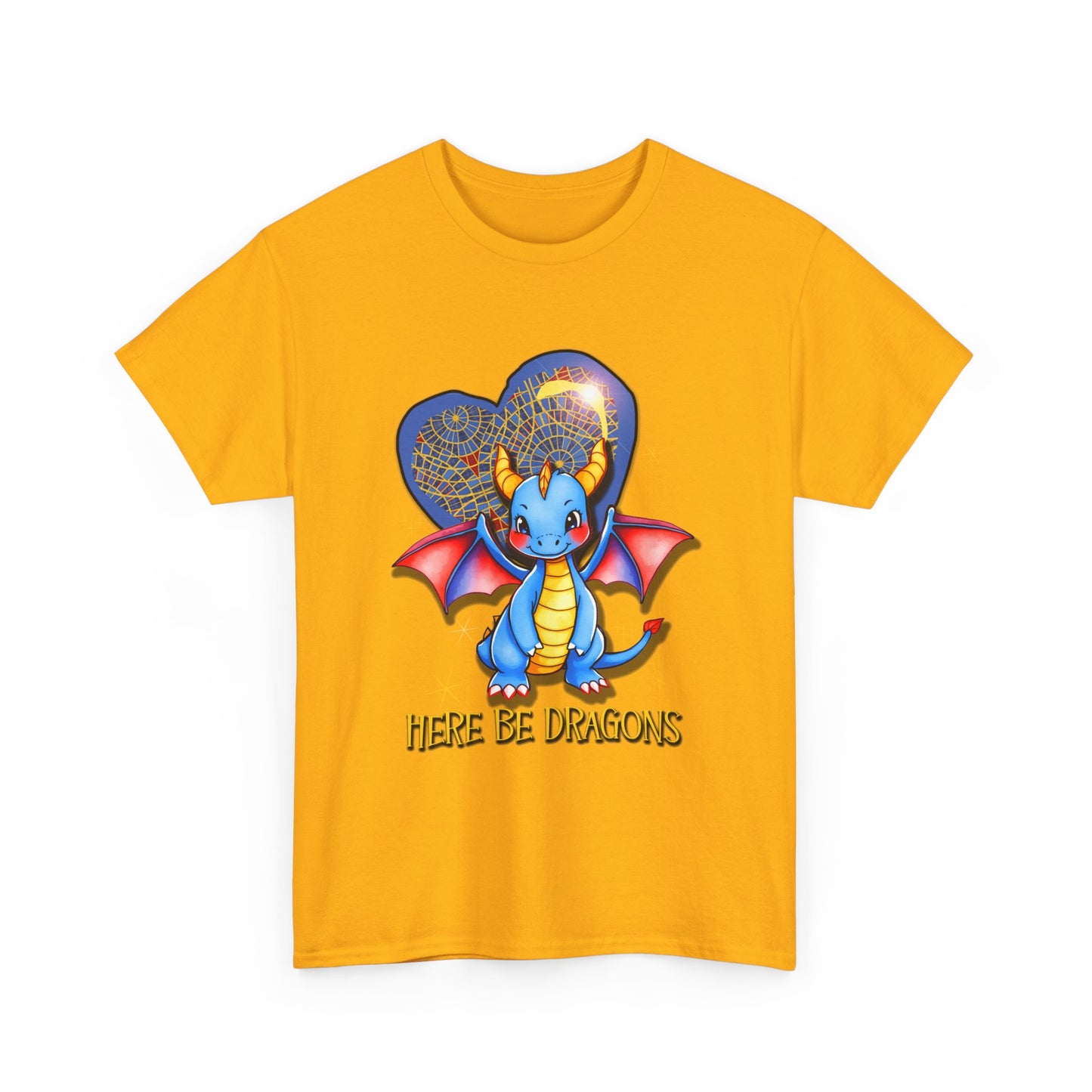 Dragon Heart T‑Shirt — Cute Blue Dragon 'Here Be Dragons' Tee