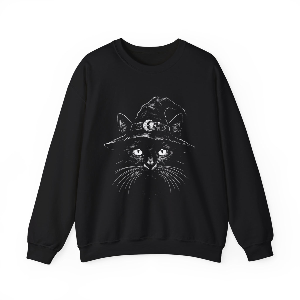 Witch Cat Crewneck Sweatshirt – Black Cat in Witch Hat Graphic