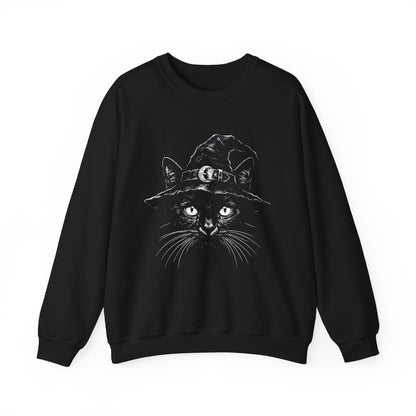 Witch Cat Crewneck Sweatshirt – Black Cat in Witch Hat Graphic