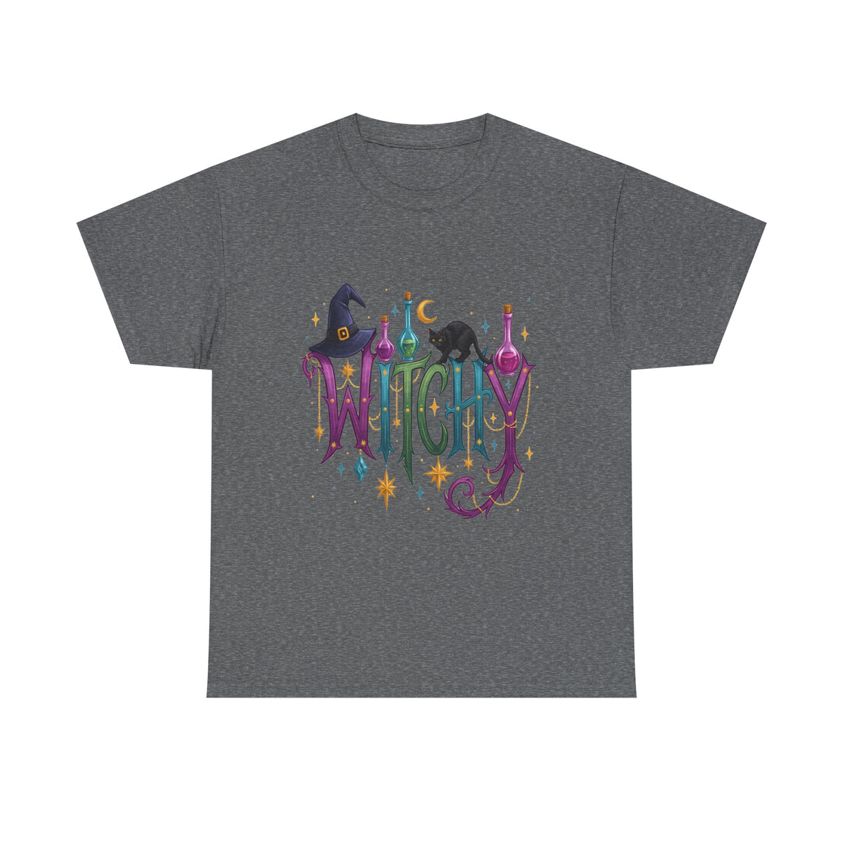 Witchy Graphic Tee — Colorful Witch Hat, Black Cat & Potion Bottles Halloween T-Shirt
