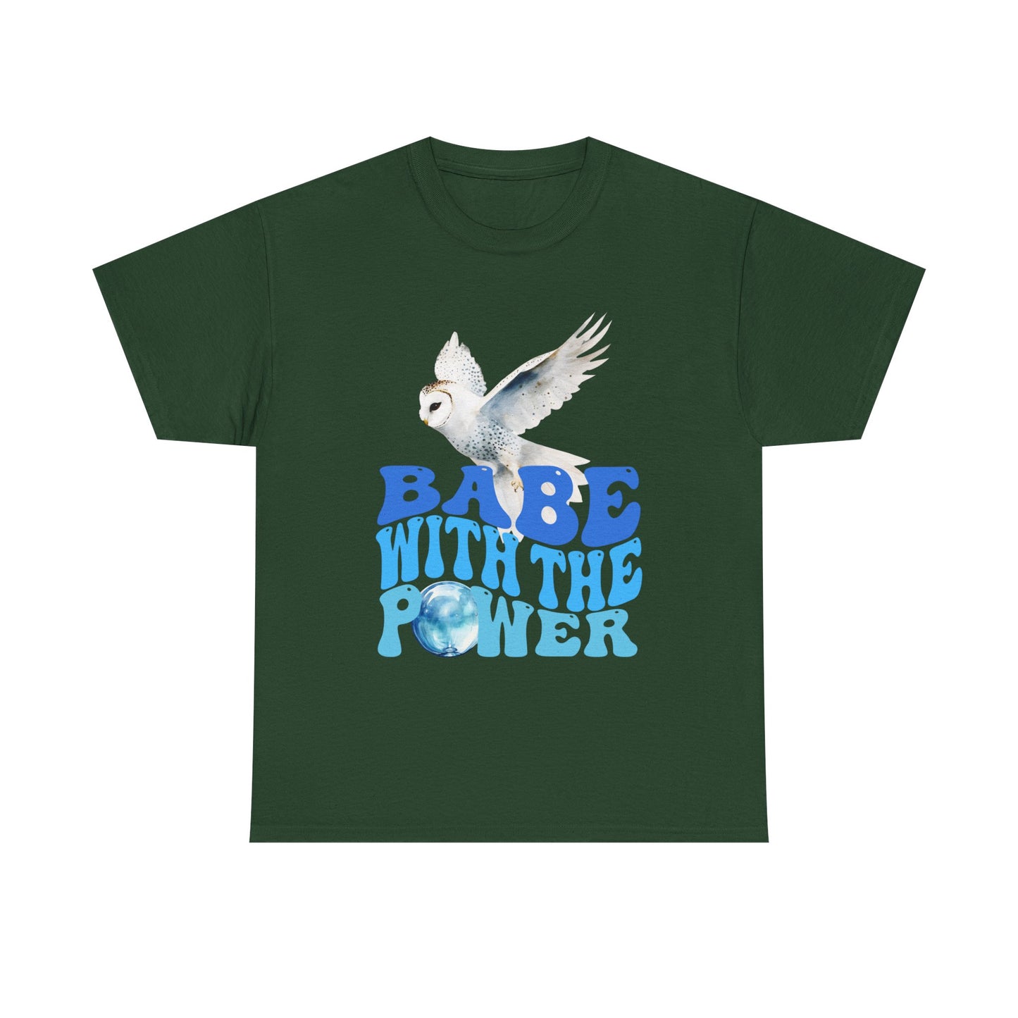 Babe With the Power Graphic Tee — Retro Blue Psychedelic Owl Design