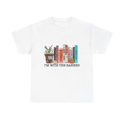 Book Lover T-Shirt — “I’m With the Banned” Illustrated Bookshelf Tee