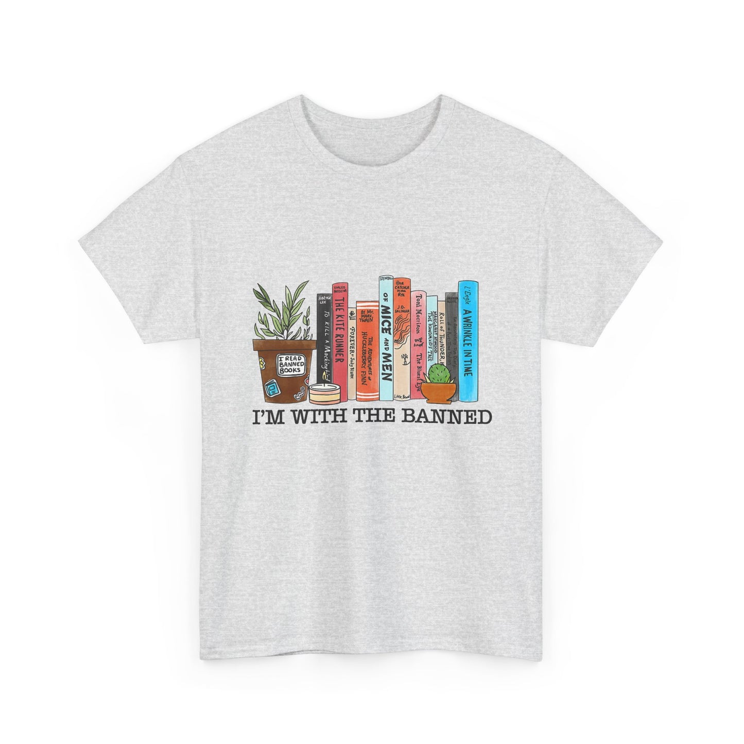 Book Lover T-Shirt — “I’m With the Banned” Illustrated Bookshelf Tee