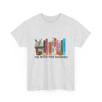 Book Lover T-Shirt — “I’m With the Banned” Illustrated Bookshelf Tee