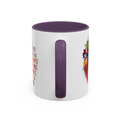 Customizable Accent Coffee Mug — "She Was Not Fragile Like a Flower, She Was Fragile Like a Bomb" Colorful Heart Floral Design (11/15 oz)
