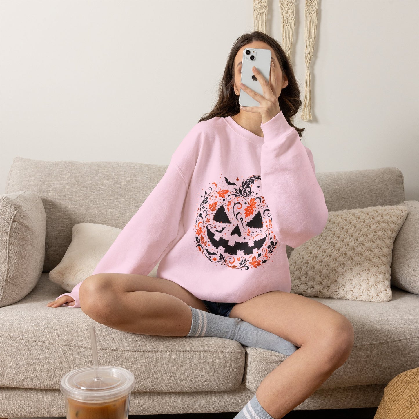 Halloween Pumpkin Crewneck Sweatshirt – Floral Jack-O'-Lantern Design