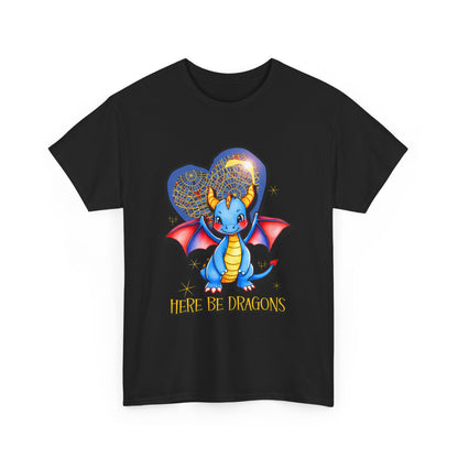 Dragon Heart T‑Shirt — Cute Blue Dragon 'Here Be Dragons' Tee