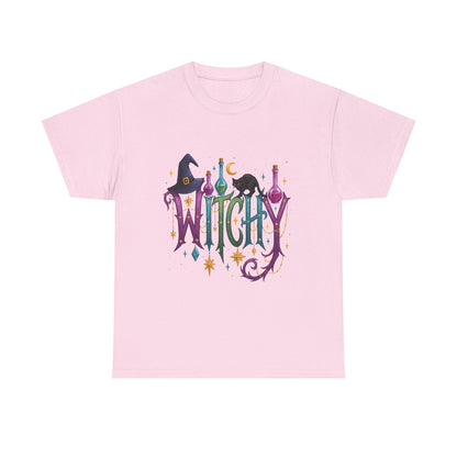 Witchy Graphic Tee — Colorful Witch Hat, Black Cat & Potion Bottles Halloween T-Shirt