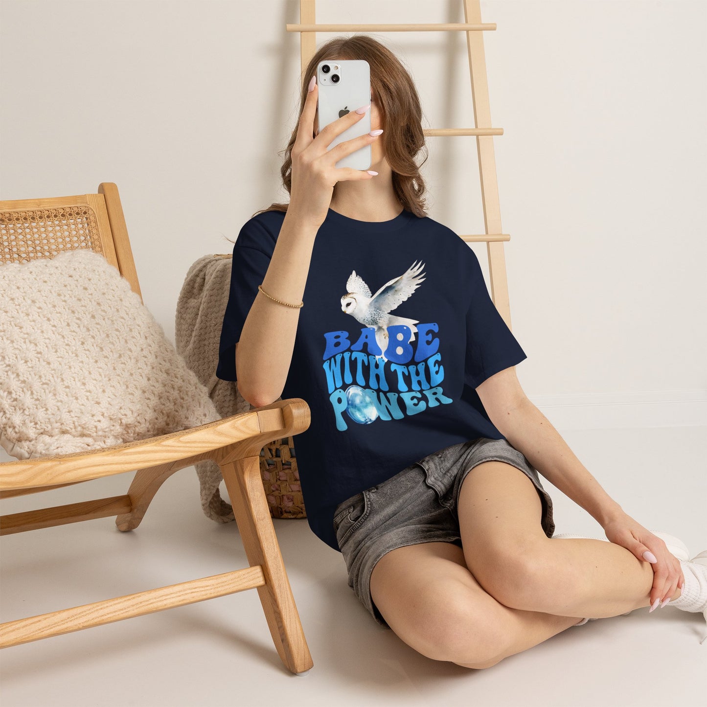 Babe With the Power Graphic Tee — Retro Blue Psychedelic Owl Design