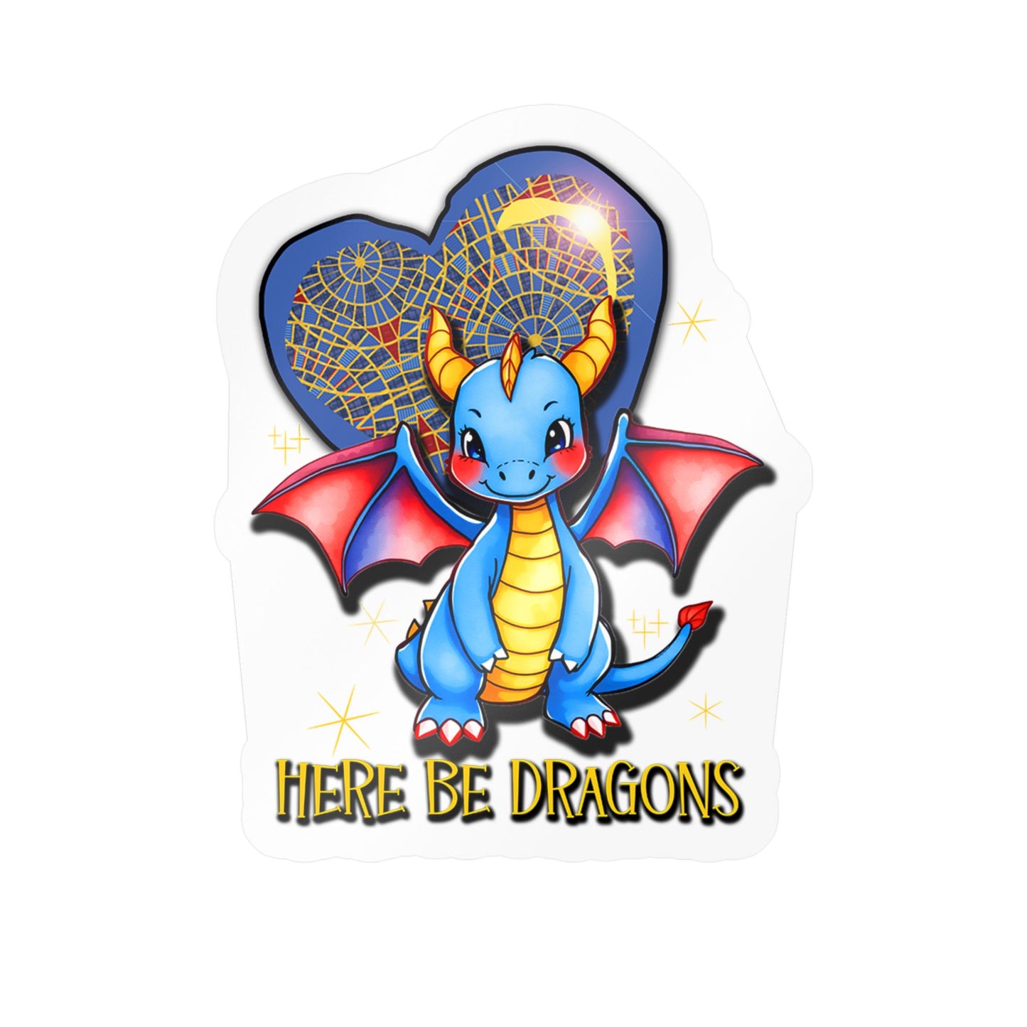 Here Be Dragons Kiss-Cut Vinyl Sticker — Cute Blue Dragon Decal for Laptops, Water Bottles & Windows